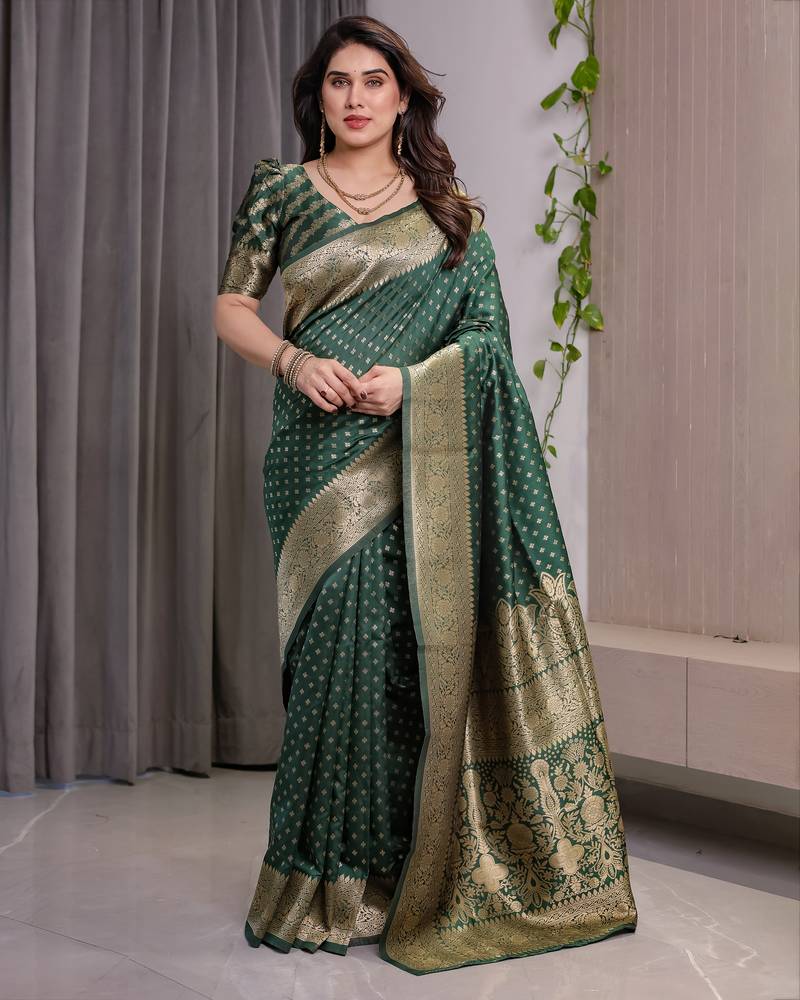 Green elegant zari woven banarasi silk sarees with attached blouse