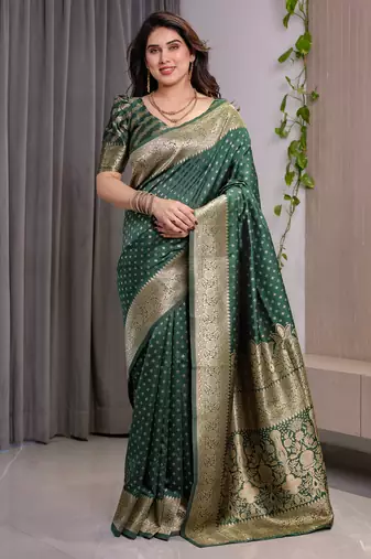 Green elegant zari woven banarasi silk sarees with attached blouse
