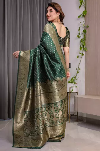 Green elegant zari woven banarasi silk sarees with attached blouse