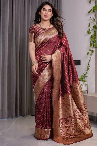 Maroon elegant zari woven banarasi silk sarees with attached blouse