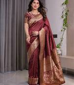 Maroon elegant zari woven banarasi silk sarees with attached blouse