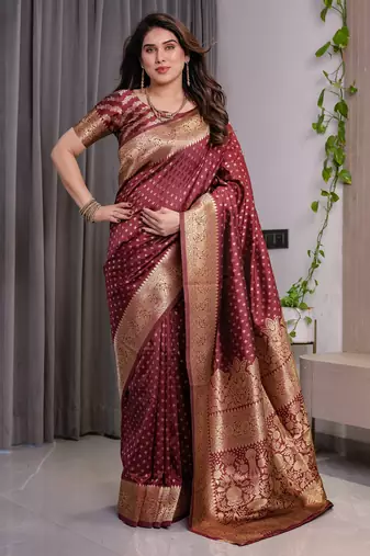 Maroon elegant zari woven banarasi silk sarees with attached blouse
