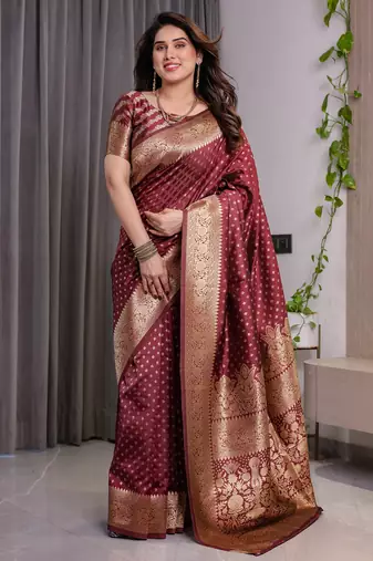 Maroon elegant zari woven banarasi silk sarees with attached blouse