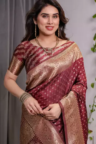 Maroon elegant zari woven banarasi silk sarees with attached blouse