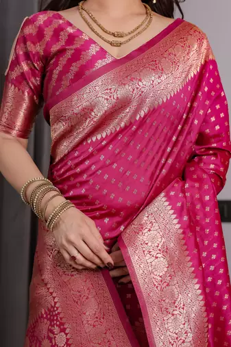 Pink elegant zari woven banarasi silk sarees with attached blouse