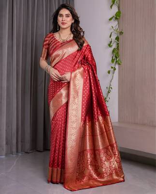Red elegant zari woven banarasi silk sarees with attached blouse 1