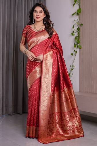 Red elegant zari woven banarasi silk sarees with attached blouse