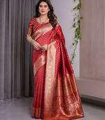 Red elegant zari woven banarasi silk sarees with attached blouse