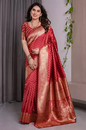 Red elegant zari woven banarasi silk sarees with attached blouse