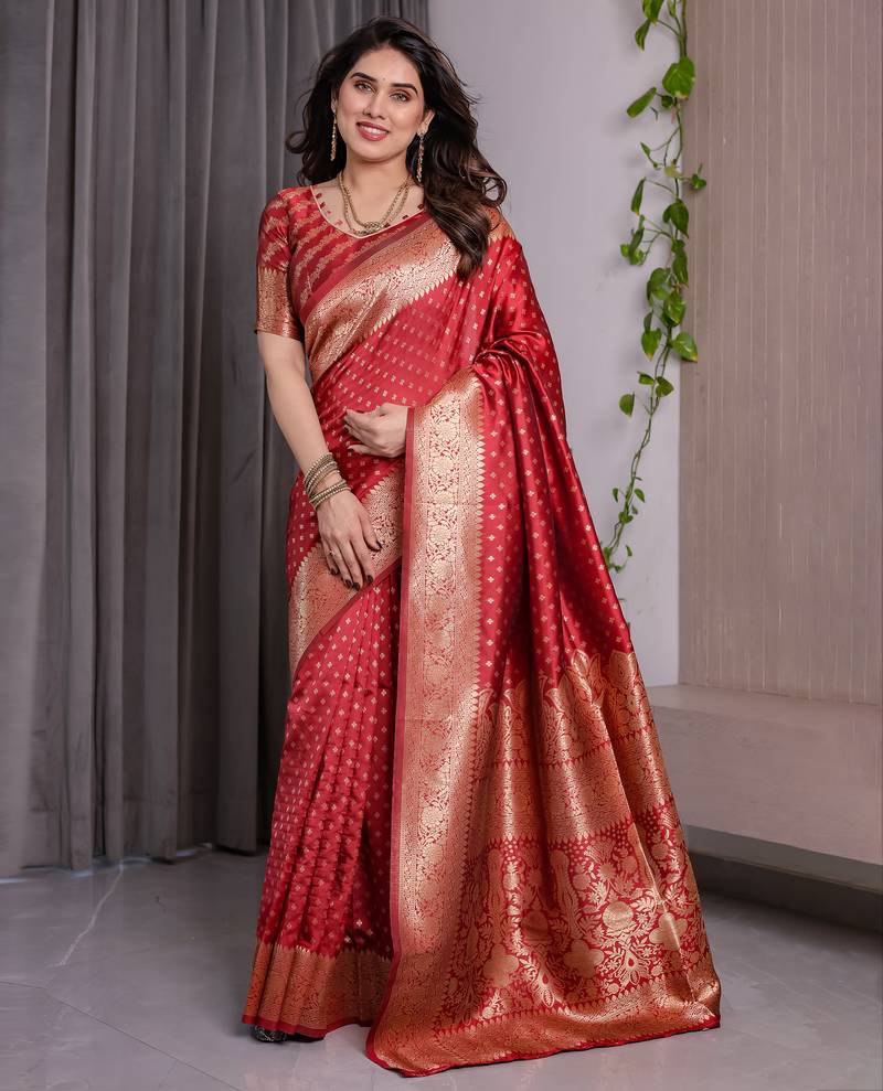 Red elegant zari woven banarasi silk sarees with attached blouse