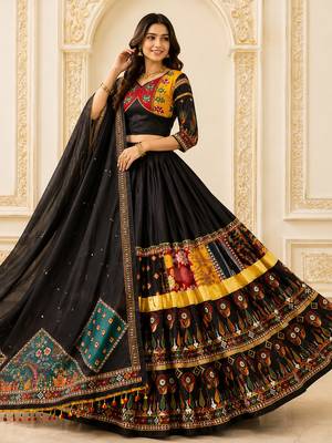 Black Digital Print Mirror Work Navratri Lehenga Choli 1