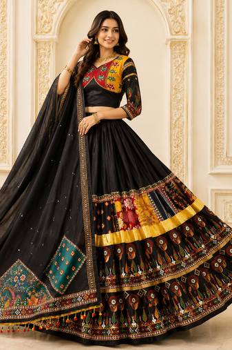 Black Digital Print Mirror Work Navratri Lehenga Choli