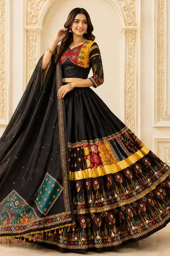 Black Digital Print Mirror Work Navratri Lehenga Choli
