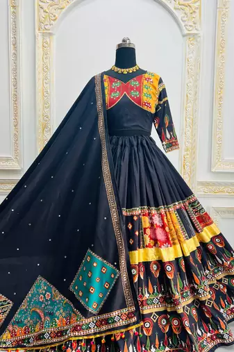 Black Digital Print Mirror Work Navratri Lehenga Choli