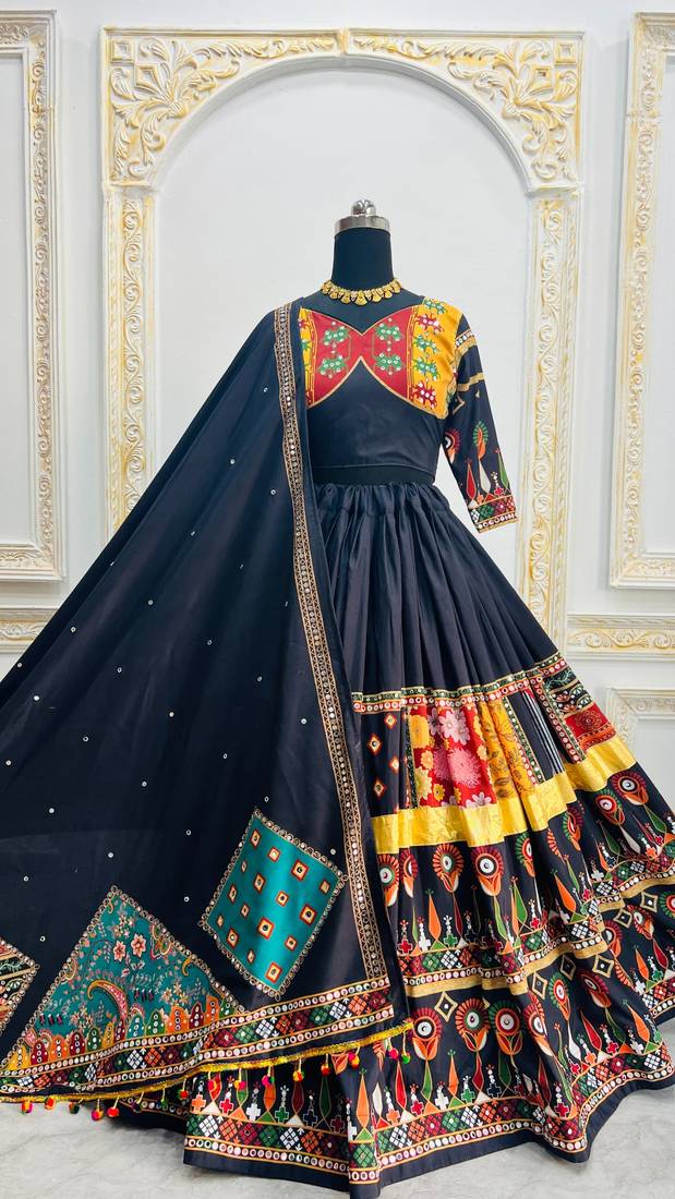 Black Digital Print Mirror Work Navratri Lehenga Choli