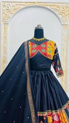 Black Digital Print Mirror Work Navratri Lehenga Choli 3