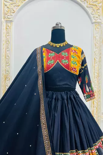 Black Digital Print Mirror Work Navratri Lehenga Choli