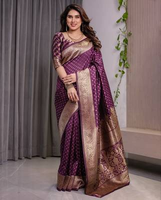 Wine elegant zari woven banarasi silk sarees with attached blouse 1