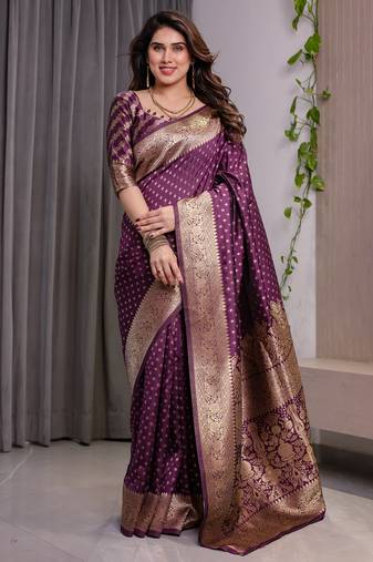 Wine elegant zari woven banarasi silk sarees with attached blouse