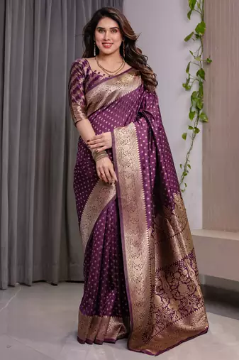 Wine elegant zari woven banarasi silk sarees with attached blouse