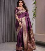 Wine elegant zari woven banarasi silk sarees with attached blouse