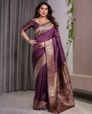 Wine elegant zari woven banarasi silk sarees with attached blouse 2
