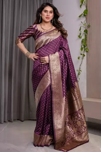 Wine elegant zari woven banarasi silk sarees with attached blouse