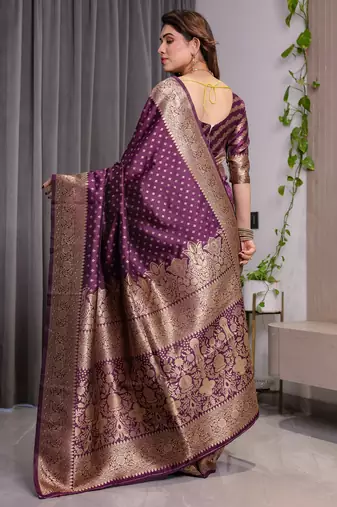 Wine elegant zari woven banarasi silk sarees with attached blouse