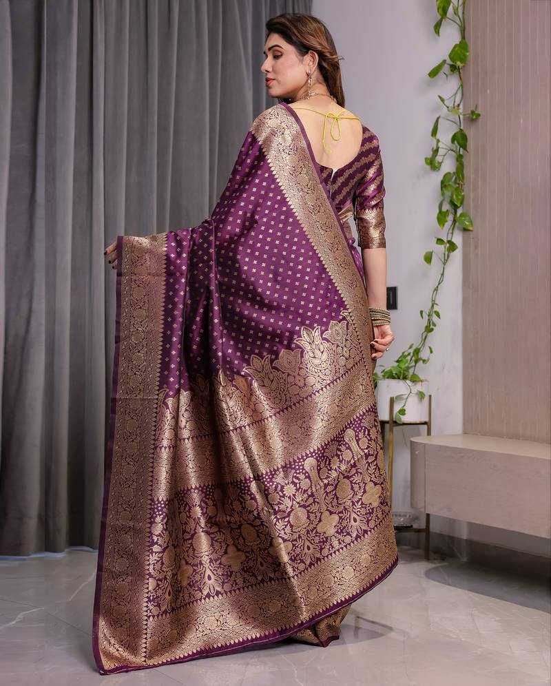 Wine elegant zari woven banarasi silk sarees with attached blouse