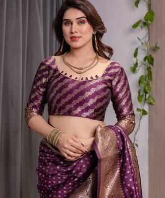 Wine elegant zari woven banarasi silk sarees with attached blouse 4