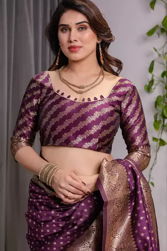 Wine elegant zari woven banarasi silk sarees with attached blouse