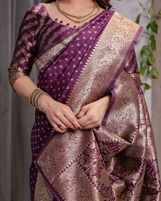 Wine elegant zari woven banarasi silk sarees with attached blouse 5