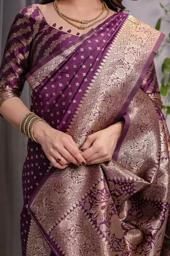 Wine elegant zari woven banarasi silk sarees with attached blouse