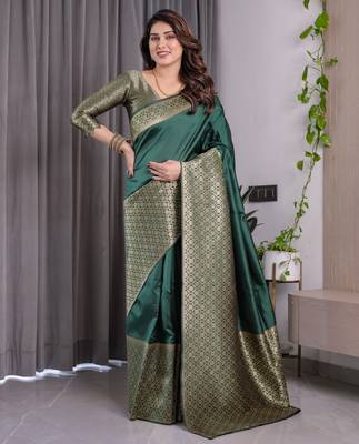 Green elegant zari woven banarasi silk sarees with attached blouse 1
