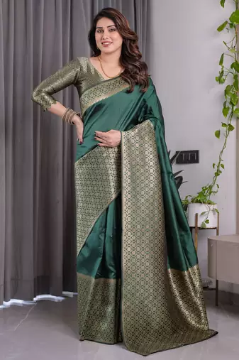 Green elegant zari woven banarasi silk sarees with attached blouse
