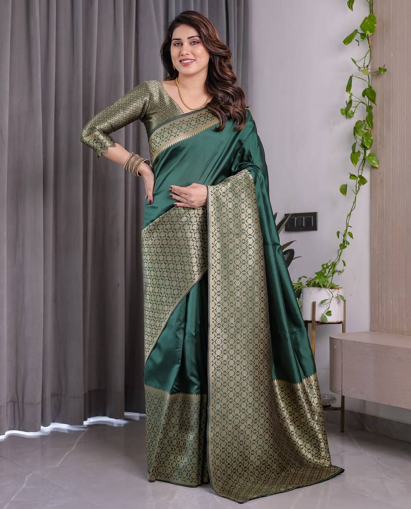 Green elegant zari woven banarasi silk sarees with attached blouse