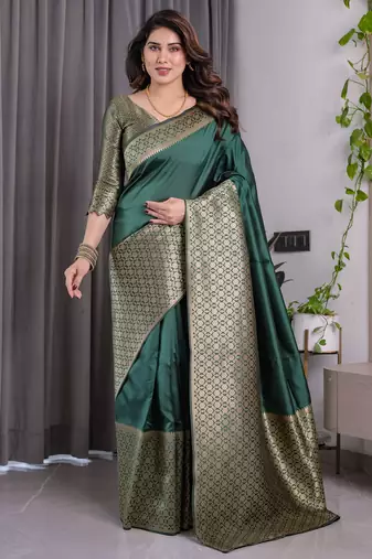 Green elegant zari woven banarasi silk sarees with attached blouse