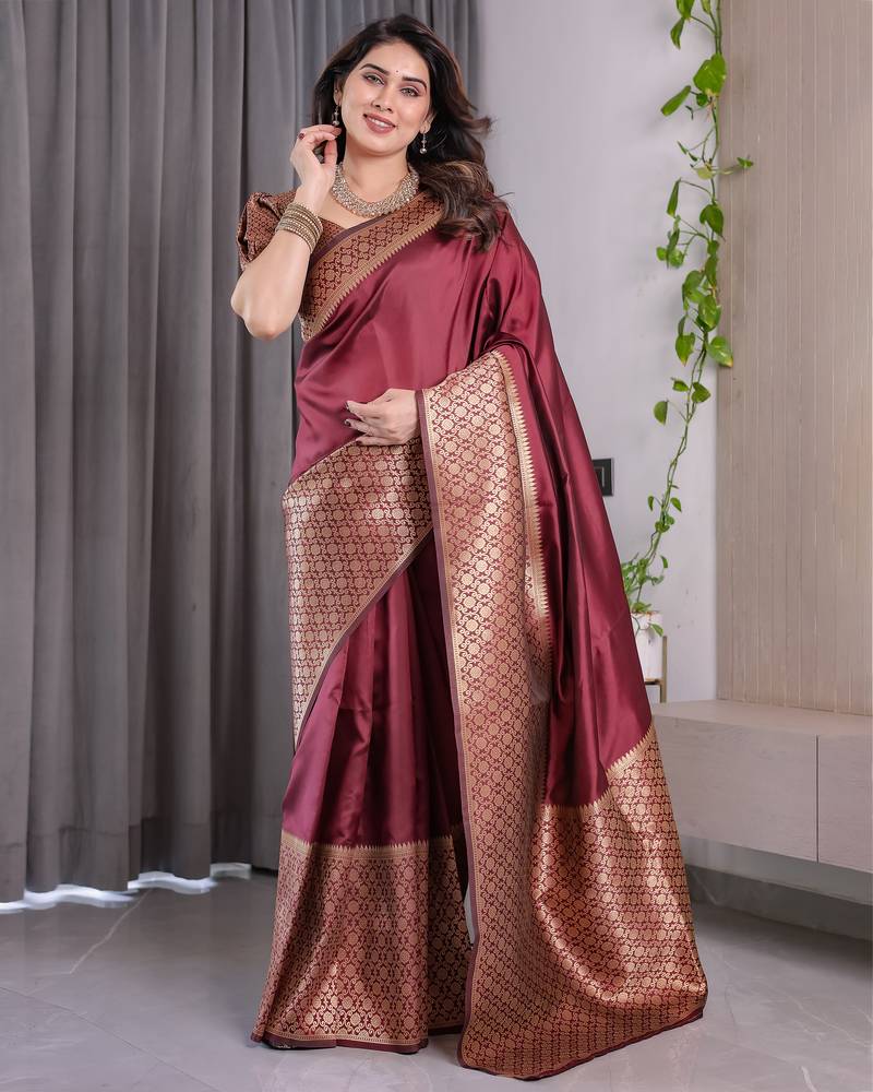 Maroon elegant zari woven banarasi silk sarees with attached blouse