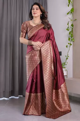 Maroon elegant zari woven banarasi silk sarees with attached blouse