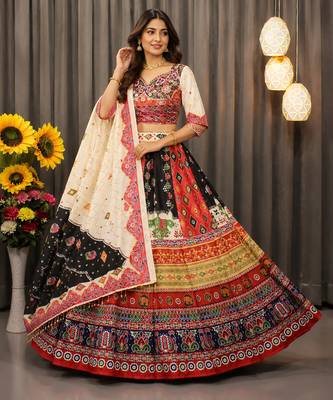 Multicolor Digital Print Mirror Work Butter Silk Blend Navratri Lehenga Choli 1