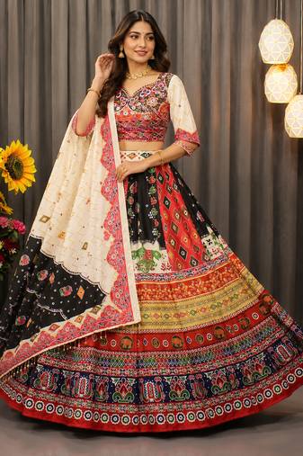 Multicolor Digital Print Mirror Work Butter Silk Blend Navratri Lehenga Choli