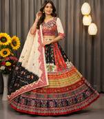 Multicolor Digital Print Mirror Work Butter Silk Blend Navratri Lehenga Choli