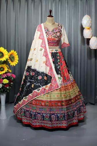 Multicolor Digital Print Mirror Work Butter Silk Blend Navratri Lehenga Choli