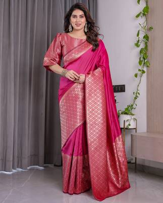 Pink elegant zari woven banarasi silk sarees with attached blouse 1