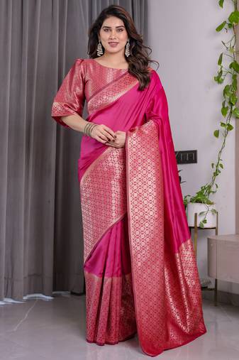 Pink elegant zari woven banarasi silk sarees with attached blouse
