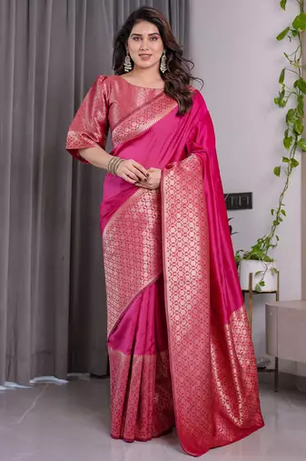 Pink elegant zari woven banarasi silk sarees with attached blouse