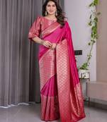 Pink elegant zari woven banarasi silk sarees with attached blouse