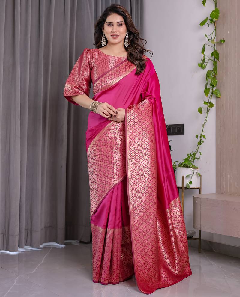 Pink elegant zari woven banarasi silk sarees with attached blouse