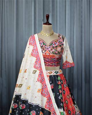 Multicolor Digital Print Mirror Work Butter Silk Blend Navratri Lehenga Choli 3