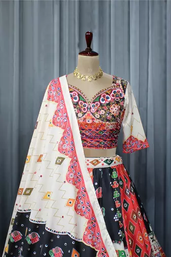 Multicolor Digital Print Mirror Work Butter Silk Blend Navratri Lehenga Choli